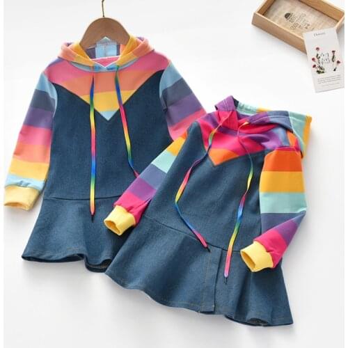 Girls Sweatshirt Dress Rainbow Striped Long Sleeve Spring Fall Kids Dresses for Girl Casual Hooded Toddler Children Clothing