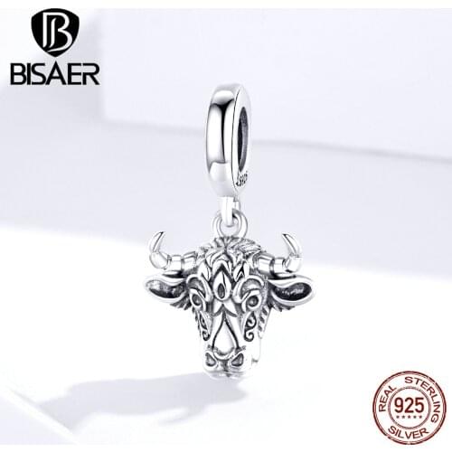 BISAER 925 Sterling Silver Tauren Beads Lucky Guardian Tauren Silver Charms fit Women Bracelets Silver 925 Jewelry ECC1316