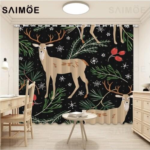 Christmas Curtain New Years Curtains 3D Deer Elk Forest Tree Leaves Living Room Curtains For Kids Bedroom Ultra Micro Shading