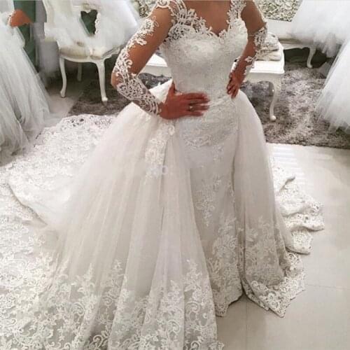 Wedding Dresses 2018 Mermaid with Train Illusion V Neck Long Sleeves Appliques Lace Saudi Arabic Wedding Gown Bridal Dresses