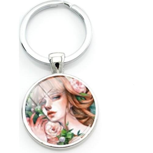 TAFREE Melancholy Girl Drawing 25mm Round Metal Keyring Holders For Key Classic Black Woman Wife Birthday Cabochons Gift