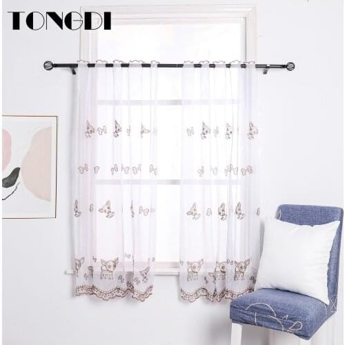 TONGDI Home Kitchen Children Curtains Cartoon Doggie Embroidery White Tulle Valance Decoration For Window Kitchen Dining Room