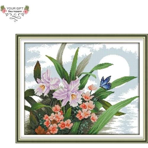 Joy Sunday H612 14CT 11CT Counted and Stamped Home Decoration The Moonlight Orchid Cross Stitch kits