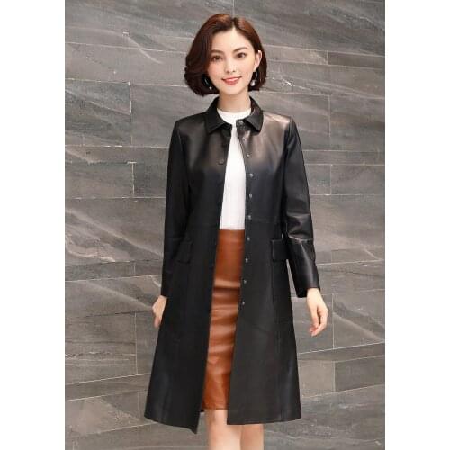 2021 Spring And Autumn European American High-Quality Leather Jacket Long-Sleeved Lapel Sheep Womens Trench Coat