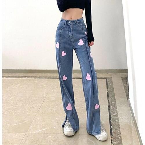 Womens 2021 Summer High Waist Casual Drape Straight Trousers Boyfriend Jeans Fashion Love Sequined Trousers Split Blue Jeans