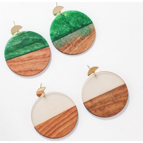 Mixed Epoxy Resin Natural Wood Round Drop Earrings for Women Fashion Geometric Large Disc Earrings Jewelry Wholesale