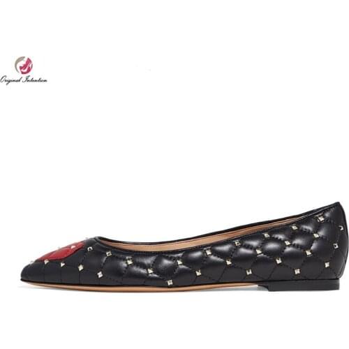 Original Intention Comfort Women Flats Elegant Pointed Toe Rivet Flat Shoes Beautiful Black Dress Woman Plus Size 4-16