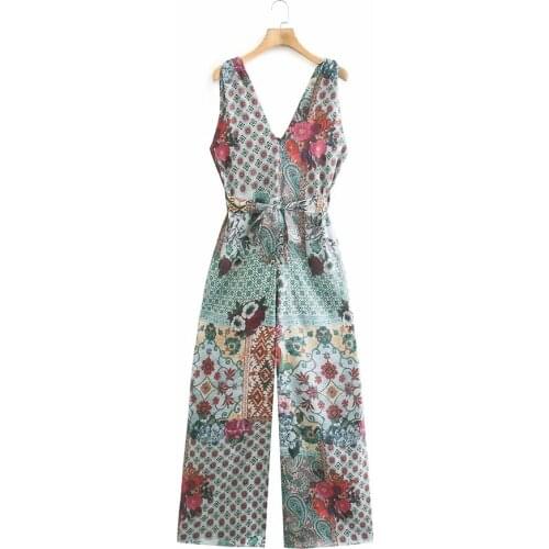 Nlzgmsj Za 2021 Women Jumpsuit Patchwork Print Long Wide Leg Jumpsuit Casual Vintage Female Bow tie Sleeveless Jumpsuits 202107