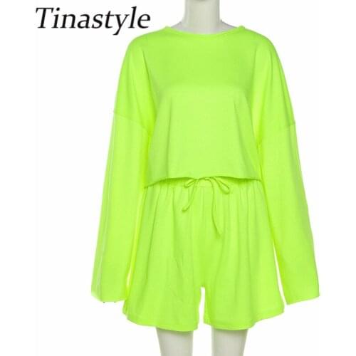 Tinastyle Solid Green Two Piece Set Women Outfits Long Sleeve Crop Top Tshirt And High Waist Wide Leg Pants Casual Streetwear