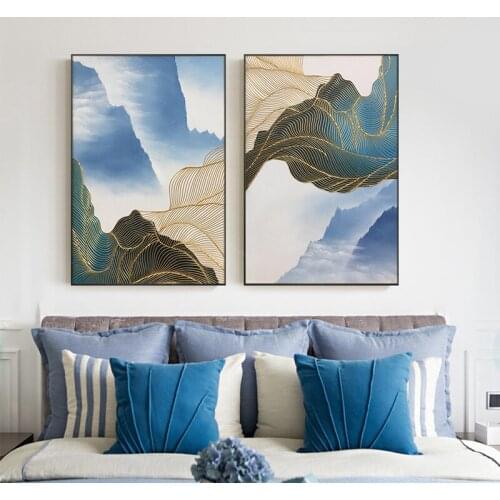 Gold Line Landscape Abstract Canvas Paintings Blue Wall Art Pictures For Living Room Home Decoration Quadro Texture 2 Pieces