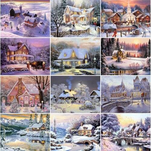 5D DIY Diamond Embroidery Winter House Diamond Painting Full Square/Round Landscape Picture of Rhinestones Beaded Needlework