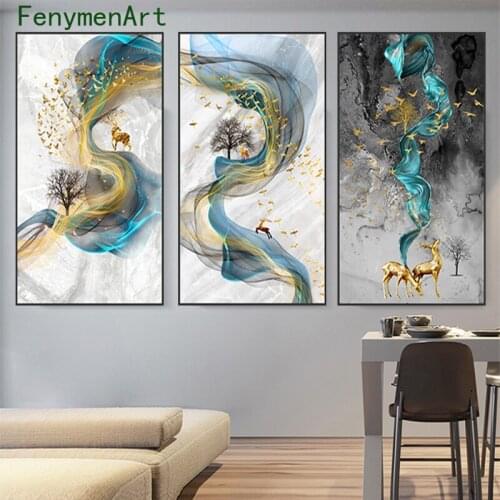 Abstract Canvas Painting Blue Ribbon Golden Bird Elk Poster Print Modern Golden Deer Wall Art Living Room Bedroom Home Nordic