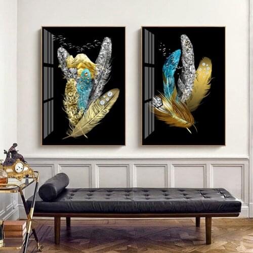 Abstract Nordic blue Golden feather Diamonds print poster decoration Canvas Painting Modern Wall Art Pictures for Home Decor
