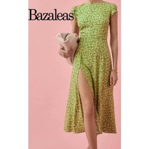 Bazaleas Holiday O Neck Split Women Summer Dress Vintage Backless Girl Midi Dress Summer Slim Green Floral Print Vestidos