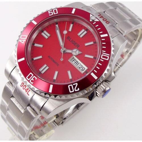 Bliger 40mm Japan NH36A Sapphire Crystal Date Week Unidirectional Bezel Luminous Stainless Steel Strap SUB Watch Red Dial