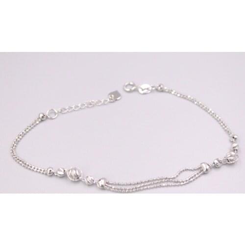 Pure 18K White Gold Bracelet Lucky Three Rows Carved Small Big Beads Link Chain Bracelet Woman Gift 2.8g / 7.7inch Au750