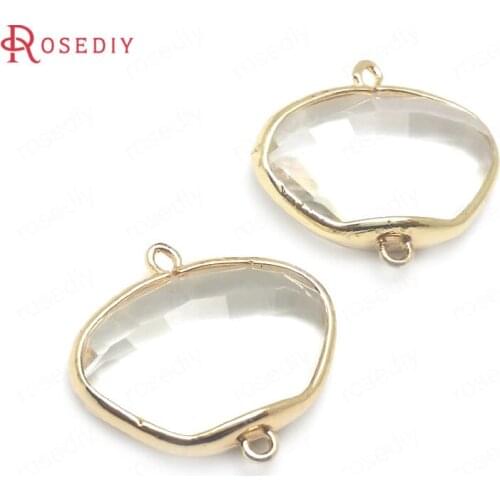C598)6 pieces 22x24mm 24K Champagne Gold Color Brass with White Glass 2 Holes Faceted Shell Shape Connect Charms Pendants
