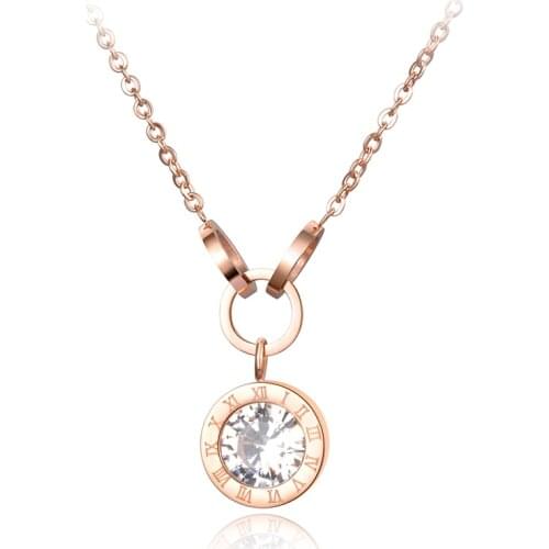 JeeMango Titanium Steel Cubic Zirconia Chokers Pendant Necklace Rose Gold Roma Numbers Cross Wedding Necklaces For Women N18076