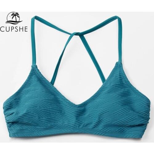 CUPSHE Solid Blue Lace Up Tank Bikini Top Women Sexy Removable Pads Top 2021 Girls Separate Swimsuit Bathing Bra Top