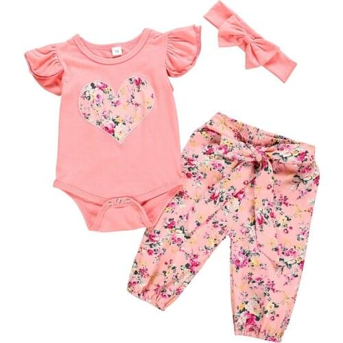 3Pcs New Born Toddler Infant Girl Clothes Set Princess Baby Girls Fly Sleeve Romper+Floral Pants+Headband Clothing 3-24Months