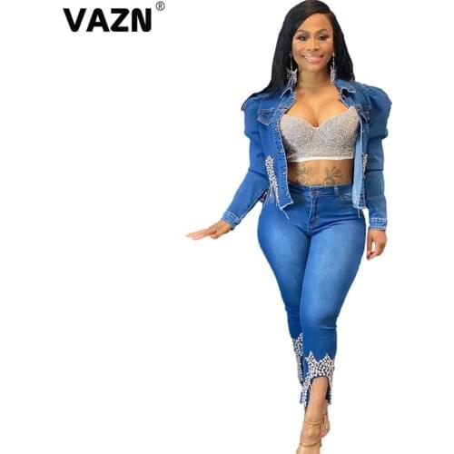 VAZN 2020 Hot Sales High-end Denim Outwears Solid Elegant Sexy Office Lady Full Sleeve Women Slim Denim Outwears