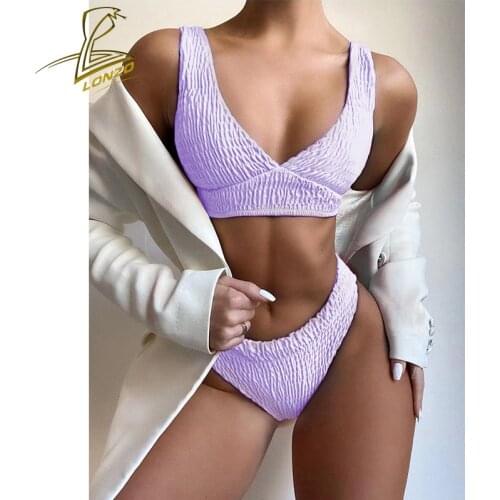 LONZO New Split Pleated Push Up Swimsuit Bikini 2 Piece Sets Women 2021 Solid Color Sexy Beach Swimwear Swimming Suit LSWB153