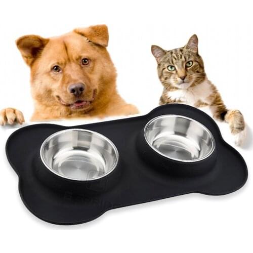 Pet Dog Bowl East Clean Raised Stand Food Stainless Steel Double Bowl Silicone Mat No Spill Pet Cats Dogs Food Feeding