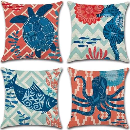 Geometric Background Sea Animal Printing Pillowcase Home Soft Decorative Cushion Cover Linen Car Sofa Chair Waist Pillow Case