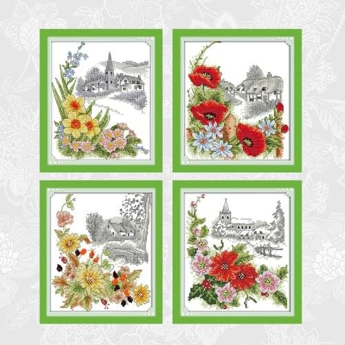 Flower of Four Seasons Cross-stitch Printed on Canvas 11CT 14CT DMC Embroidery Sets DIY Handwork Cross Stitch Kits Needlework
