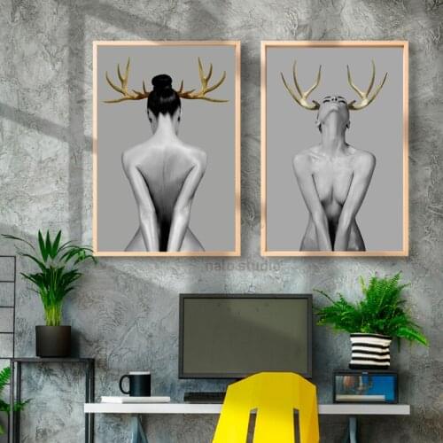 Wall Painting Posters and Prints Wall Art Canvas Paintings Miss Deer Nude Art Pictures for Living Room Home Decoration No Frame