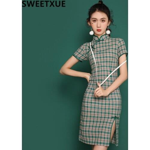 SWEETXUE 2021 New Fashion Cheongsam Improved Dress Cotton linen Chinese Style Girl Green Plaid Dresses vestidos
