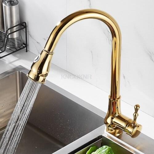 All-bronze golden kitchen faucet pull-out sink sink hot and cold household telescopic rotating sink faucet