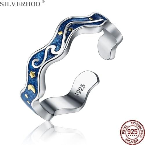 SILVERHOO Engraved Moonlight Adjustable Women Rings S925 Sterling Silver Female Ring Shining Star Fine Jewelry Engagement Gift