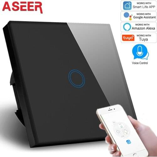ASEER,Smart House EU Standard 1 Gang Smart wifi light switch 1000W, Black Crystal Glass Panel,Compatible Alexa Google Assistant