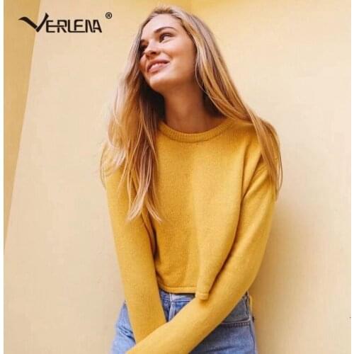 Verlena New Sweaters Fashion 2019 Women Crop Top Knitted Loose Sweater Solid Yellow Jumper Vintage Long Sleeve Cropped Pullover