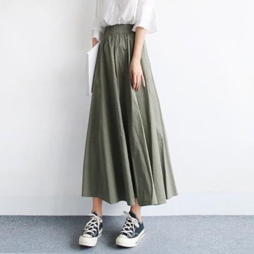 Autumn Women Cotton Linen Skirts Spring Summer Elastic High-Waisted Patchwork Japanese Long A-Line Skirt for Female