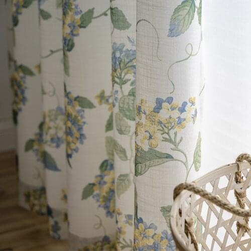 American-Style Country Hydrangea Fresh Cotton and Linen Window Curtain Living Room Curtains for Bedroom Sheer Curtains