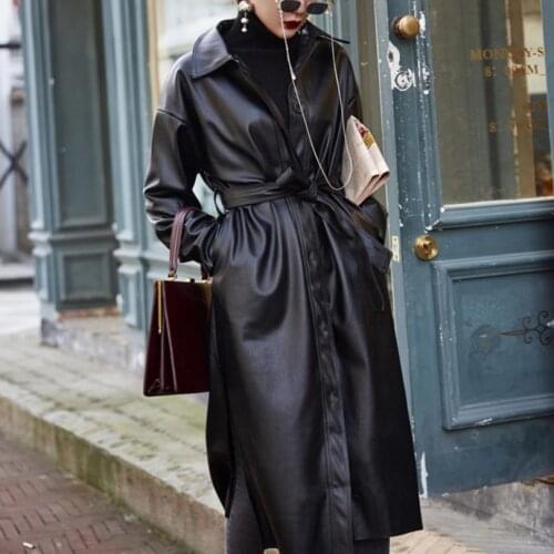 Pu leather jacket female street style long outwear coat