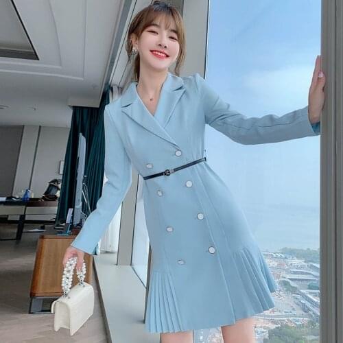 2021 New Light Blue Stand Collar Double Breasted Pleated Skirt High Waist Stitching Temperament Goddess Office Lady French Dress