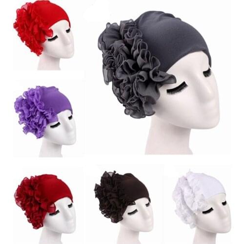 Women Muslim Flower Cap Turban Indian Hat Chiffon Chemo Stretch Hat Head Scarf Headwrap Islamic Bonnet Hair Loss Beanies Ramadan