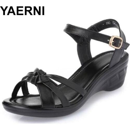 YAERNI Summer big size women wedge sandals Comfortable design for mother soft non-slip and resistant buckle ladies shoes woman
