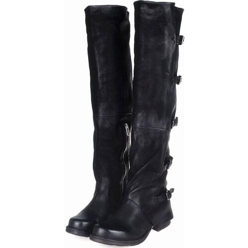 New Women Riding Over The Knee Boots Vintage Winter Boots Flat Shoes Woman Handmade Genuine Leather Boots Zipper Buckle Boots