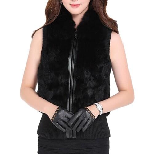 Women Natural Real Rabbit Fur Vest Coat With Real Fox Fur Collar Winter Warm Waistcoat With Zipper Black Dark red Grey