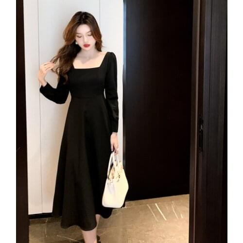 Hebe&Eos Spring Autumn Vintage French Style Long Dress Women Long Sleeve Black Dress Square Collar Elegant Office Dresses Robe