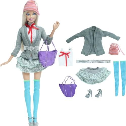1 Set Handmade Fashion Outfit Daily Casual Dress Wear With Bag Knitted Cap Belt Shoes Stockings Clothes for Barbie Doll DIY Toys