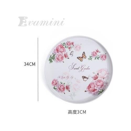 34cm,30cm Round Plate Tea Trays for Cake Snacks/Party/Hotel/Home Dinner Rose Flowers Dish For Dumplings Organization Milk Plate