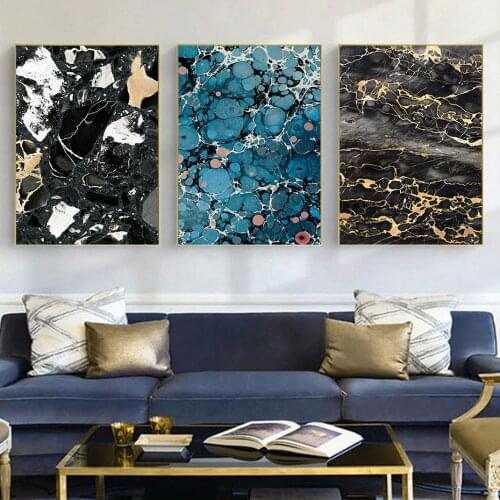 Marble Texture Abstract Poster Blue Gold Canvas Prints Modern Dining Living Room Porch Background Wall Art Paintings Home Decor