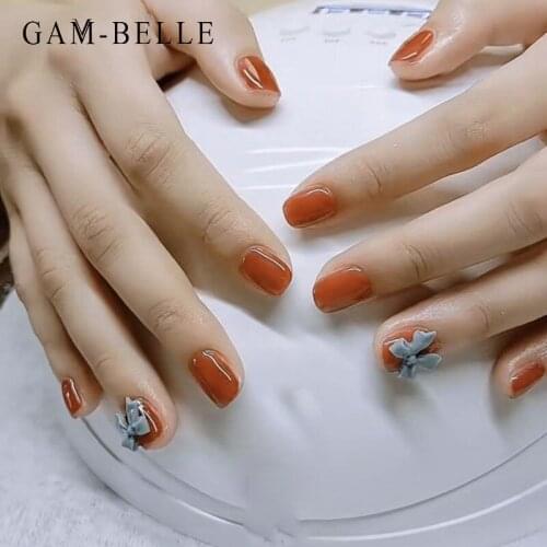 GAM-BELLE Orange Fake Nails With Blue Bow European Full Nail Art Tips Colorful Beauty Artificial False Nails Tips Manicure Tools