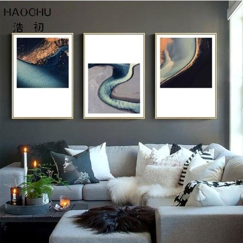 HAOCHU Black Blue Abstract Quicksand Poster Abstract Canvas Painting Seascape Coast Art Print Poster Home Decor Wall Stickers