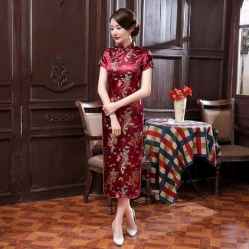 Classic Burgundy Chinese Women Long Cheongsam Traditional Satin Qipao Elegant Dress Size S M L XL XXL 3XL 4XL 5XL 6XL NC034